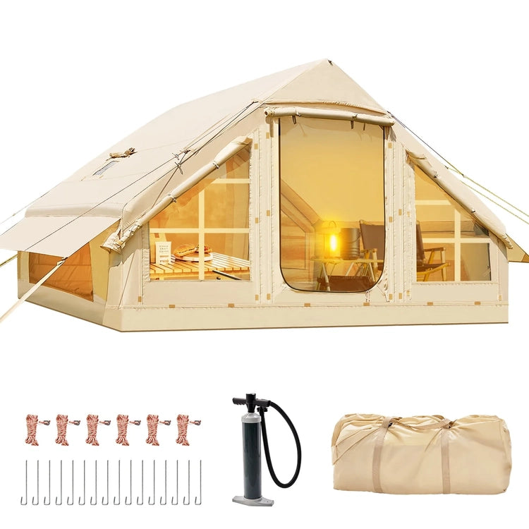 6 Person Inflatable Camping Tent with Pump, 10ft x7ft Glamping Family Tent Easy Setup 4 Season Waterproof Windproof Outdoor Blow up Tent Oxford