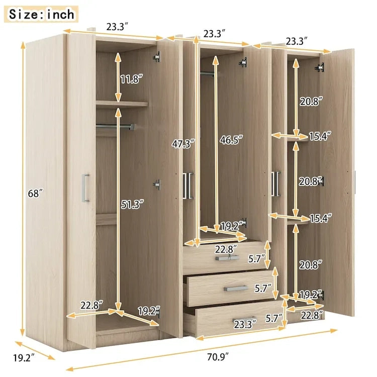 6-Doors Wooden Wardrobe Storage with 3 Big Drawers for Bedroom