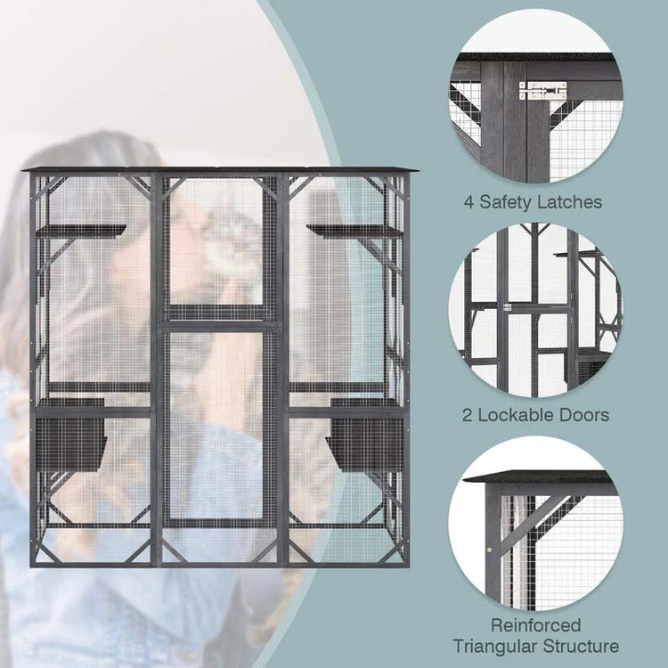 71" Tall Large Cat House Outdoor Catio Kitty Enclosure, Walk-in Cat Kennel Condo, Wooden Cat Cage Playpen with 7 Platforms