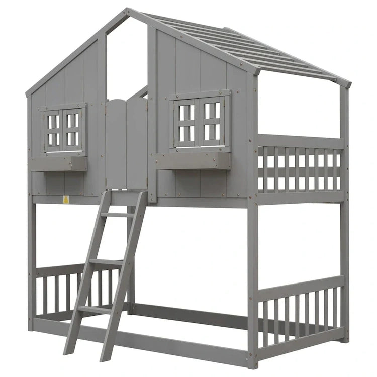 Twin Over House Bunk Bed with Roof, Window, Window Box, Door, with Safety Guardrails and Ladder, Grey