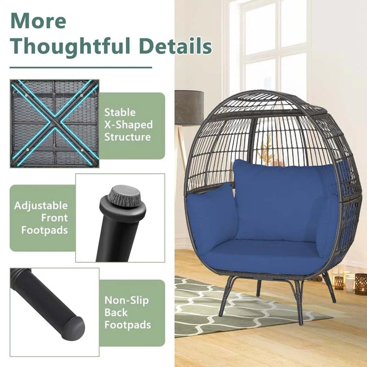 Oversized Wicker Egg Chair with 4 Cushions, Steel Frame Basket Chair Indoor Outdoor Patio Lounge Chair