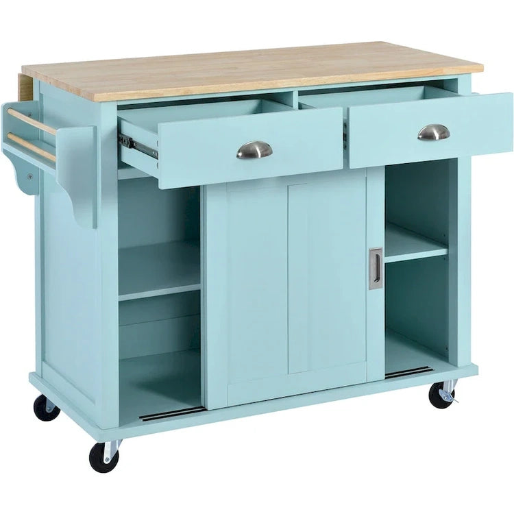 Kitchen Cart with Rubber Wood Drop-Leaf Countertop, Concealed Sliding Barn Door Adjustable Height, Kitchen Island on 4 Wheels
