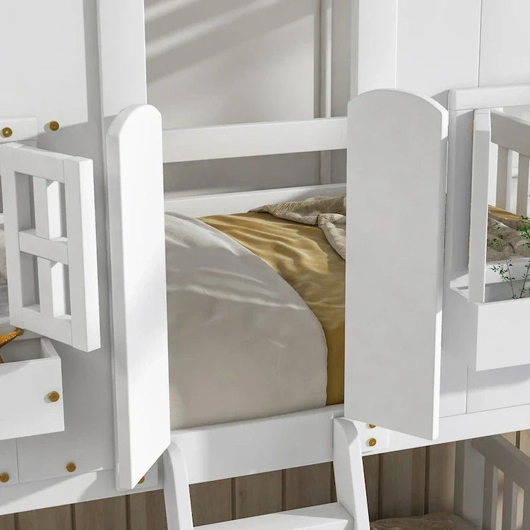 Twin Over House Bunk Bed with Roof, Window, Window Box, Door, with Safety Guardrails and Ladder, Grey