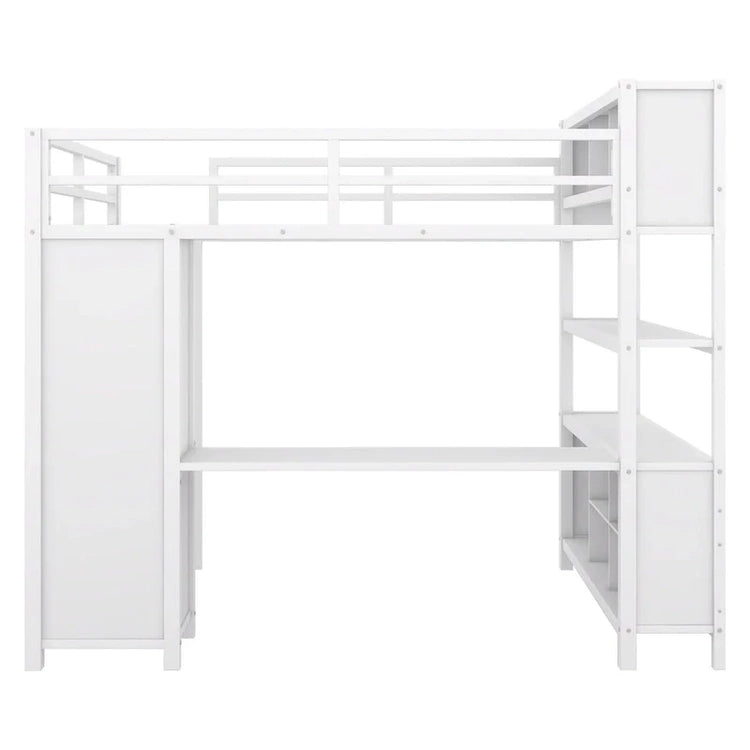 Off-White Metal Loft Bed with Desk and Wardrobe - Full Size