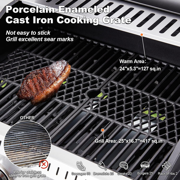 Upgraded 4 Burner BBQ Propane Gas Grill with Cast Iron Grates & Side Stove, 44,000 BTU Stainless Steel Burner Barbecue Grill for Patio, Camping