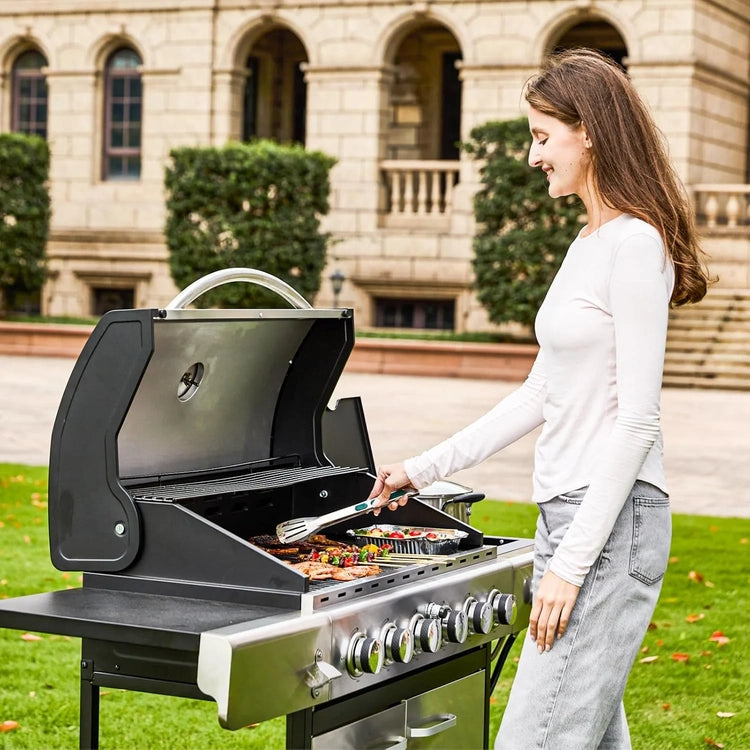 Upgraded 4 Burner BBQ Propane Gas Grill with Cast Iron Grates & Side Stove, 44,000 BTU Stainless Steel Burner Barbecue Grill for Patio, Camping