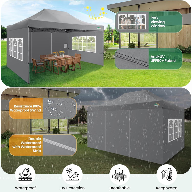 Cobizi 10x20 Heavy Duty Pop up Canopy Tent with 6 Sidewalls Easy up Commercial Outdoor Canopy Wedding Party Tents