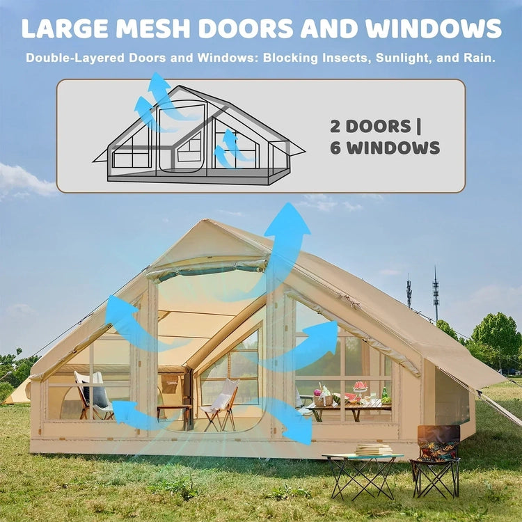 6 Person Inflatable Camping Tent with Pump, 10ft x7ft Glamping Family Tent Easy Setup 4 Season Waterproof Windproof Outdoor Blow up Tent Oxford