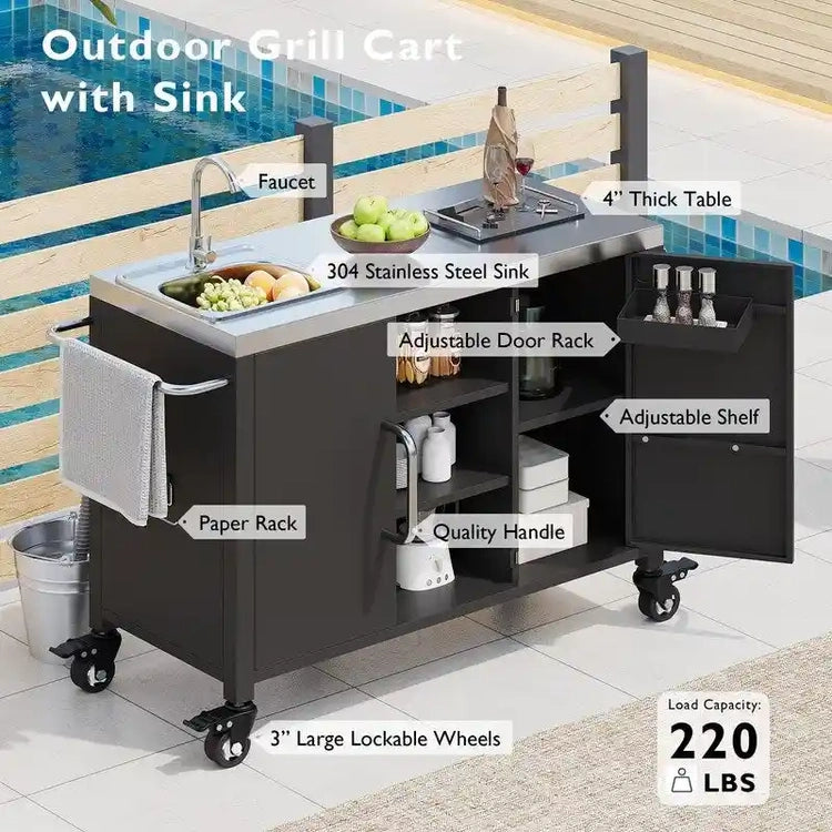 Outdoor Kitchen Island with Sink, Outdoor Bar Cart Sink Station with 4 Lockable Wheels