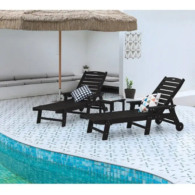 3-Piece Patio Set 2 Oversized Chaise Lounges (5-Position, Wheels, Cup Holder) + Side Table, All-Weather Wood Texture
