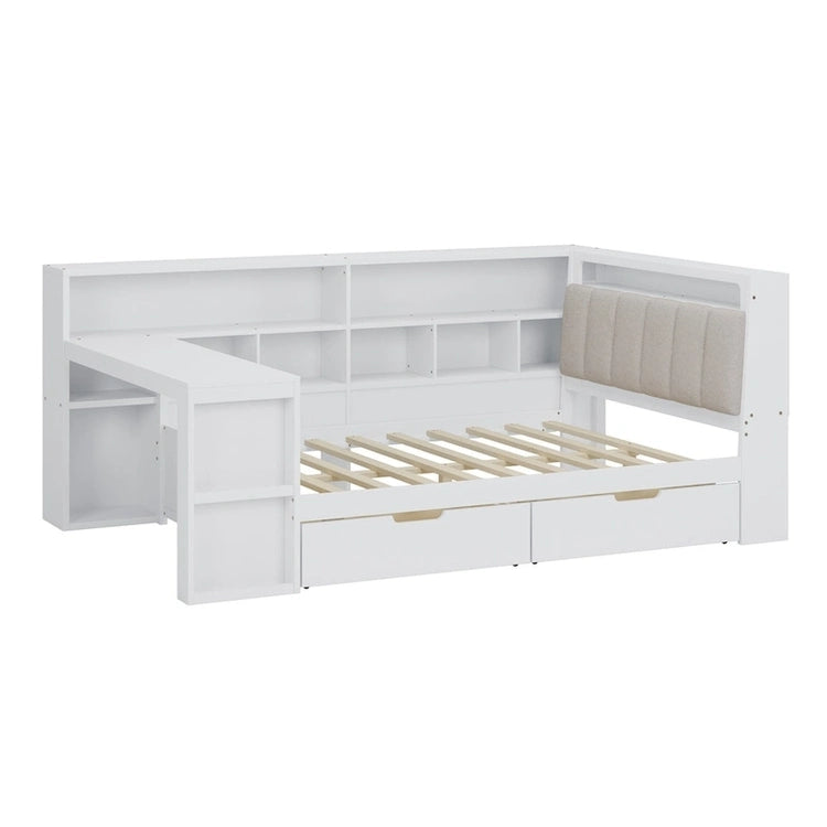 L-Shaped Wooden Sofa Daybed with Desk, Bookcase Cabinet, Corner Bed with Under-Bed Drawers, Upholstered Headboard Built-in Light