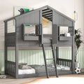 Twin Over House Bunk Bed with Roof, Window, Window Box, Door, with Safety Guardrails and Ladder, Grey