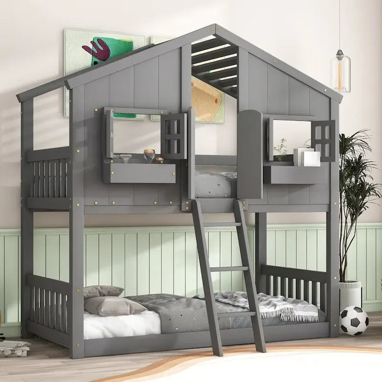Twin Over House Bunk Bed with Roof, Window, Window Box, Door, with Safety Guardrails and Ladder, Grey