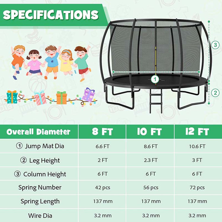 8/10/12FT Astm Approved Outdoor Large Recreational Trampoline with Ladder & Enclosure Net Safety Pad