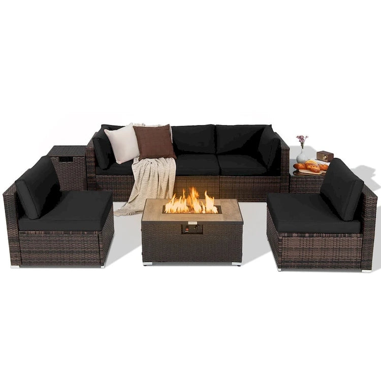 8PCS Patio Rattan Furniture Set Fire Pit Table Tank Holder Cover Deck