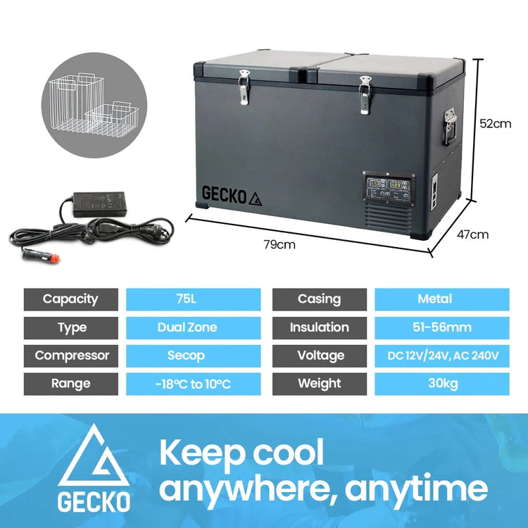 Gecko 75L Dual Zone Portable Fridge/Freezer, Secop German Brand Compressor, for Camping, Car, Caravan