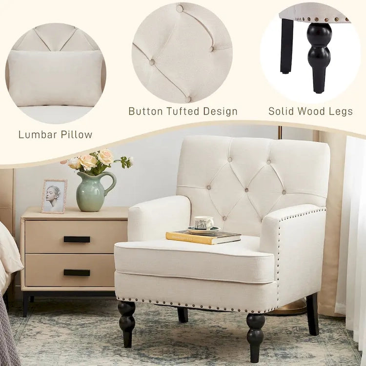Set of 2 Arm Chair Upholstered Button Tufted Accent Chair with Lumbar Pillow Beige/Grey/Light Blue