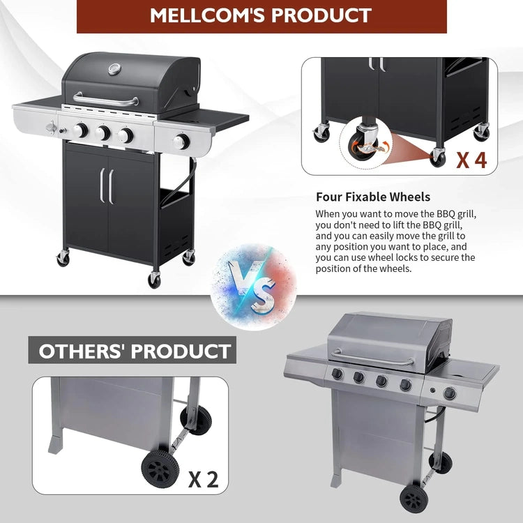 Upgraded 4 Burner BBQ Propane Gas Grill with Cast Iron Grates & Side Stove, 44,000 BTU Stainless Steel Burner Barbecue Grill for Patio, Camping