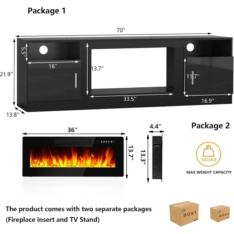 Bossin 70 Fireplace TV Stand with 36 Electric Fireplace, TV Stand for Tvs up to 80,16 Colors LED Lights/Entertainment Center