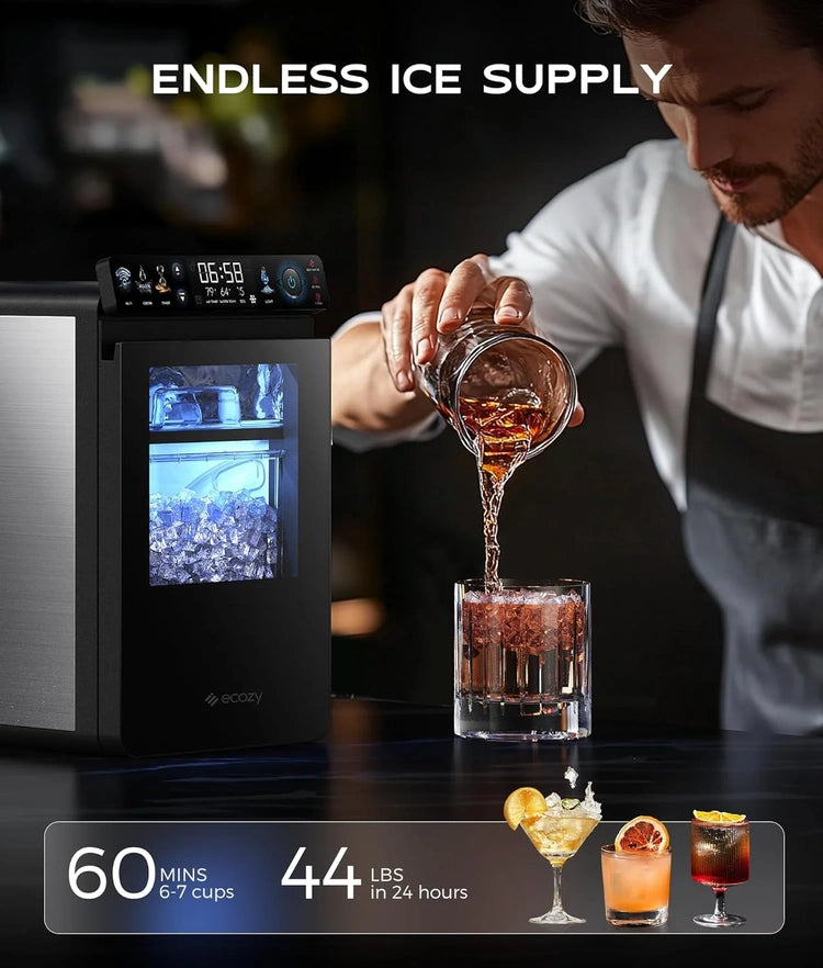 Nugget Ice Maker Countertop, Smart Pebble Ice Machine with App Control, 44 lbs/24H Soft Pellet Chewable Ice with Self-Cleaning, Stainless Steel