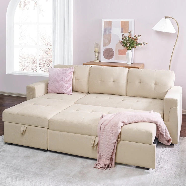 Reversible Sectional Sofa with Pull-Out Sleeper Bed, Hidden Storage Chaise, Durable Legs