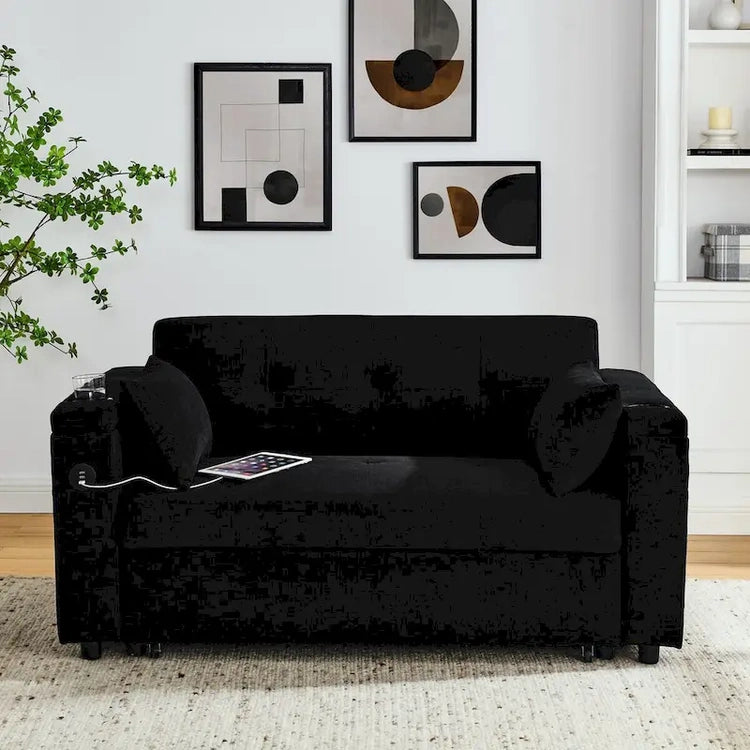 54 Pull-Out Sleeper Sofa Bed, 2 Seat Recliner Sofa Bed with Storage, Lumbar Pillow, USB Power Outlet