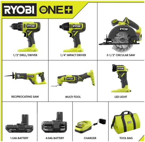 Ryobi One+ 18V Cordless 6-Tool Combo Kit with Drill, Impact Driver, Saw, Multi-Tool & LED Light