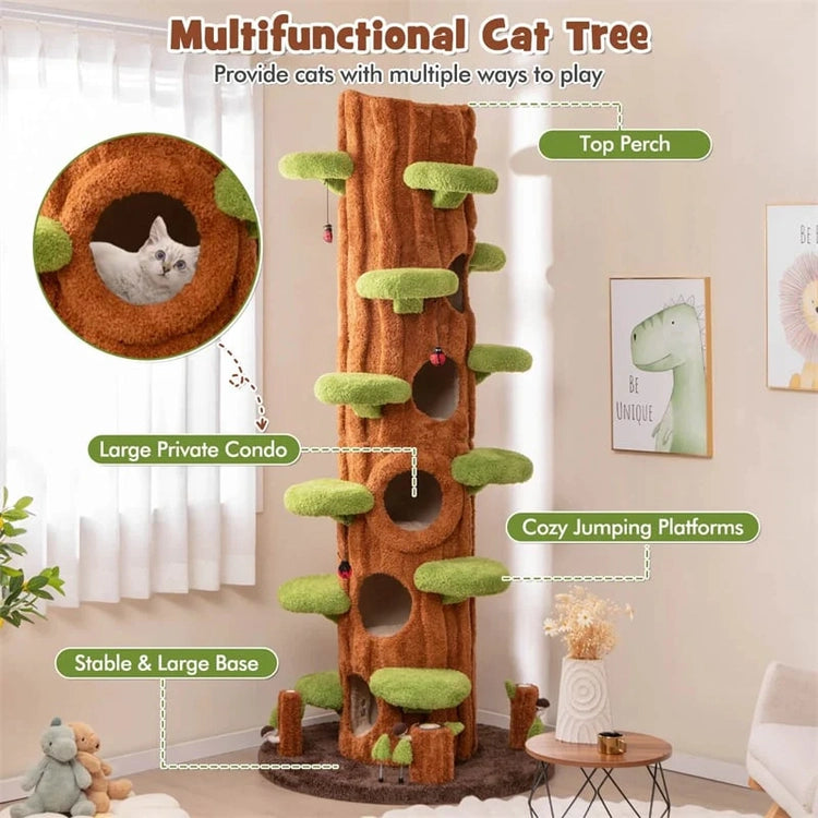 90.5" Tall Simulation Cat Tree, Modern Realistic Multi-Level Cat Tower w/5 Condos & Sisal Scratch Pad, Large Lifelike Indoor Cat Tree