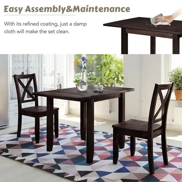 3-Piece Wood Drop Leaf Breakfast Nook Dining Table Set with 2 X-Back Chairs for Small Places