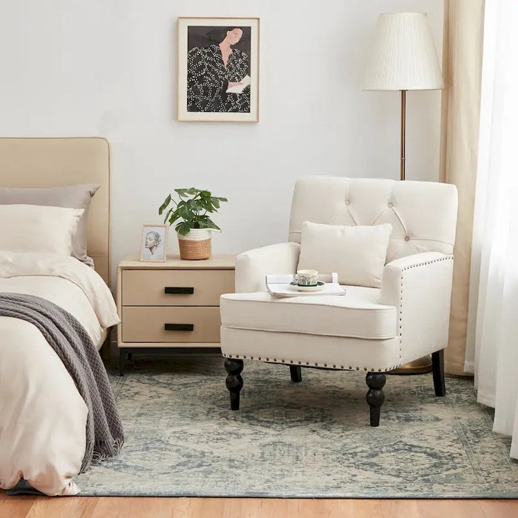 Set of 2 Arm Chair Upholstered Button Tufted Accent Chair with Lumbar Pillow Beige/Grey/Light Blue