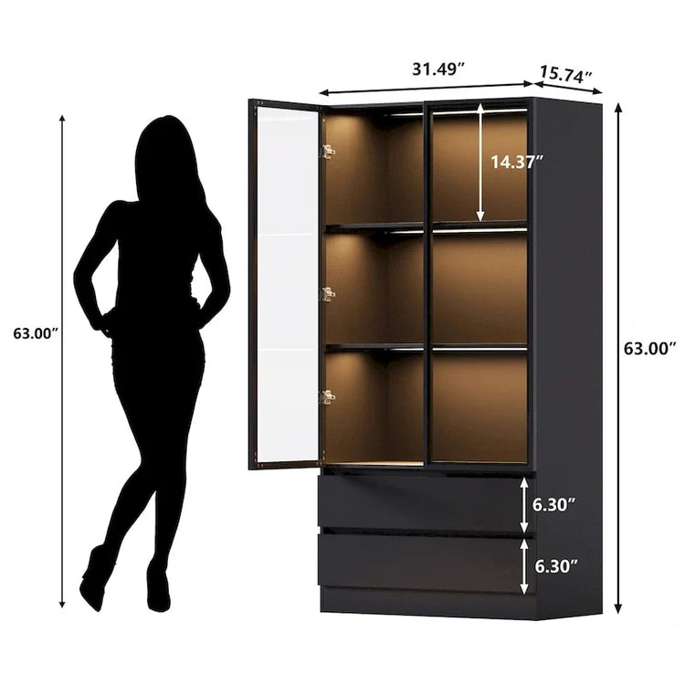 Display Storage Cabinet, Display Cabinet with Tempered Glass Doors, Showcase with 4-Tier Storage Shelves