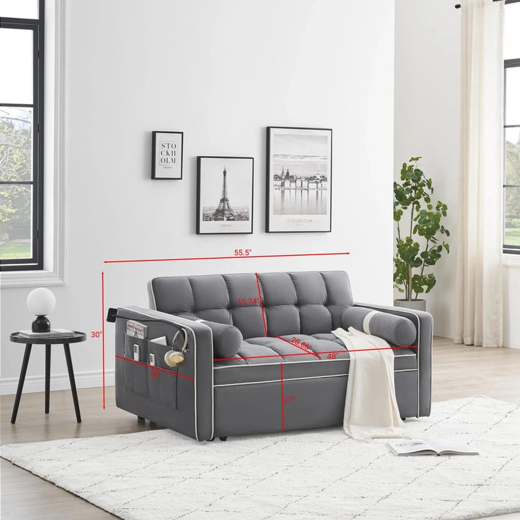 3 in 1 Sleeper Sofa Couch Bed, Small Tufted Velvet Convertible Loveseat Futon Sofa W/Pullout Bed, Adjustable Backrest, Cylinder Pillows