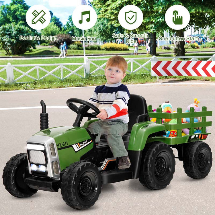 Kids Ride on Tractor W/Trailer 12V Battery Powered Electric Riding Toy Car Vehicle with 3-Gear-Shift Ground Loader