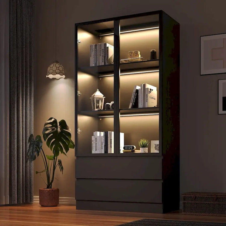 Display Storage Cabinet, Display Cabinet with Tempered Glass Doors, Showcase with 4-Tier Storage Shelves