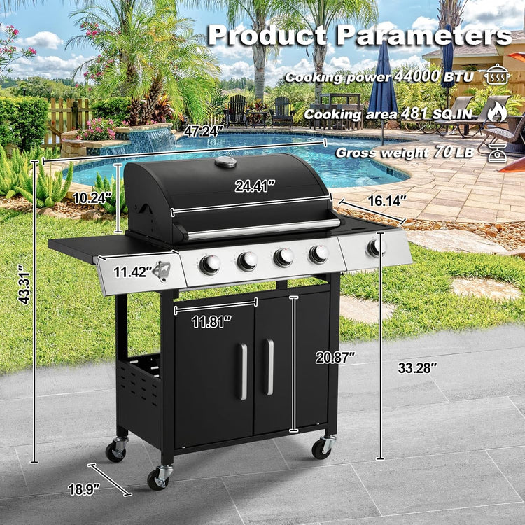 Upgraded 4 Burner BBQ Propane Gas Grill with Cast Iron Grates & Side Stove, 44,000 BTU Stainless Steel Burner Barbecue Grill for Patio, Camping