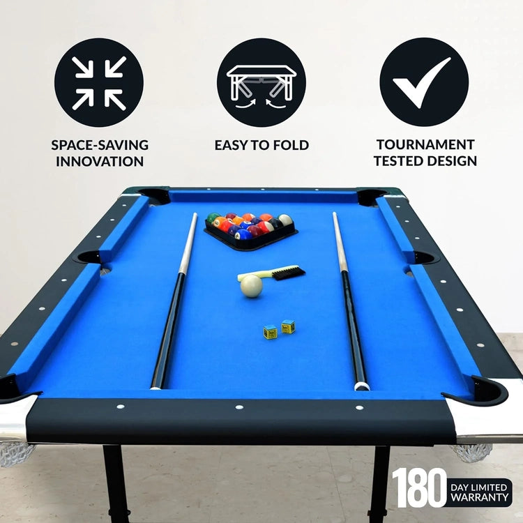 6 Ft Portable Pool Table, Adults Folding Billiards Tables for Game Room with Easy Foldable Storage, Includes Full Set of Billiard Balls, Cues