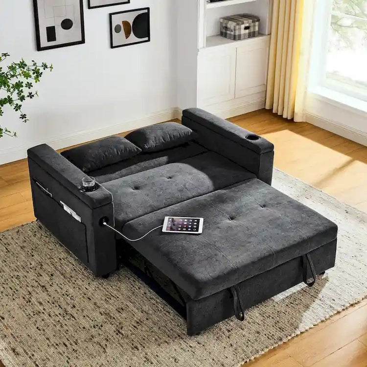 54 Pull-Out Sleeper Sofa Bed, 2 Seat Recliner Sofa Bed with Storage, Lumbar Pillow, USB Power Outlet