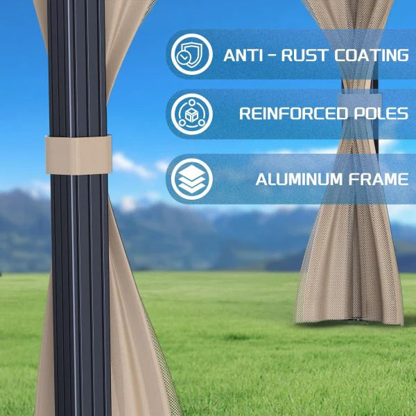 10x10 Hardtop Gazebo with Double Metal Roof, Aluminum Frame, Net, and Curtain. All-Weather, Ideal for Patio, Deck, Garden, Backyard. Khaki