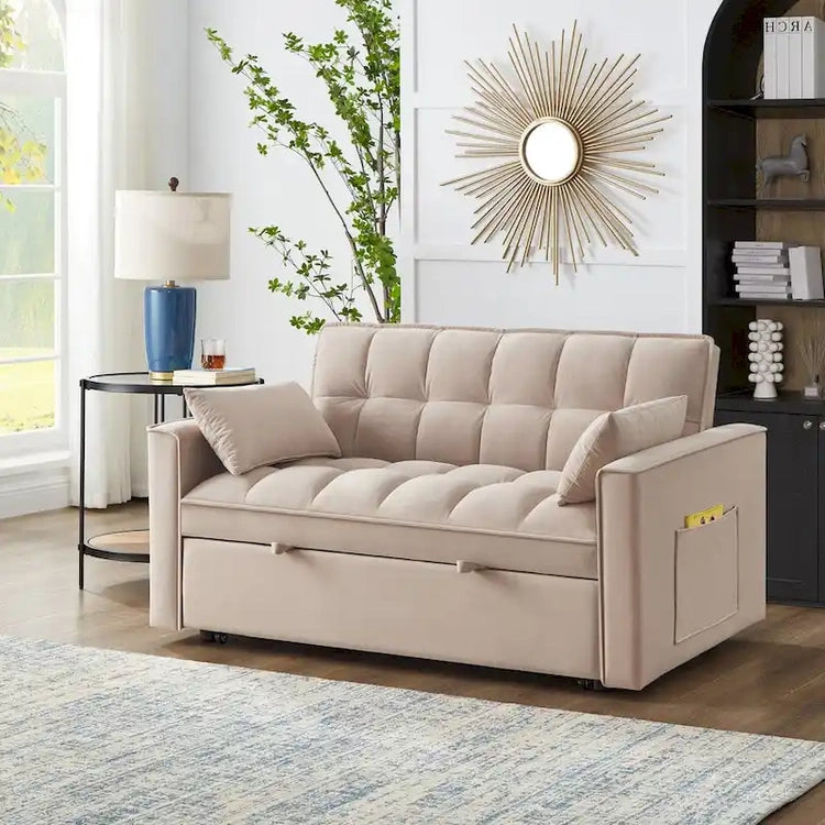 4 in1 Loveseat Sofa Bed with Armrests & Storage Pockets, Multi-Function Tufted Pull-Out Sofa Bed with Adjustable Backrest