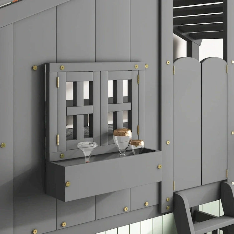 Twin Over House Bunk Bed with Roof, Window, Window Box, Door, with Safety Guardrails and Ladder, Grey