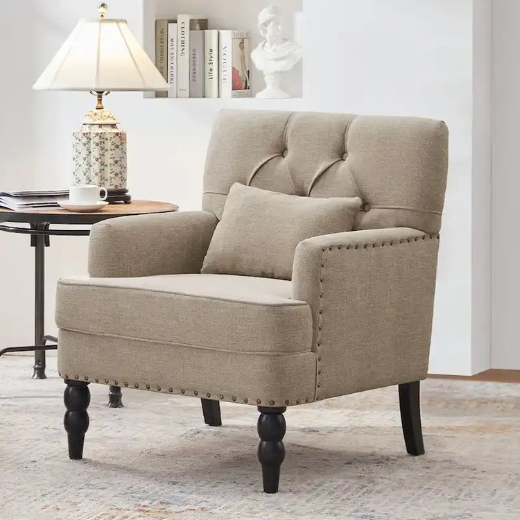 Set of 2 Arm Chair Upholstered Button Tufted Accent Chair with Lumbar Pillow Beige/Grey/Light Blue