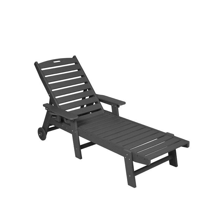 3-Piece Patio Set 2 Oversized Chaise Lounges (5-Position, Wheels, Cup Holder) + Side Table, All-Weather Wood Texture