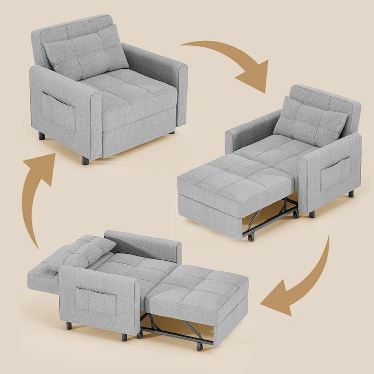3-in-1 Pull-Out Sofa Bed Sleeper Chair, Convertible Adjustable Foldable Upholstered Lounge Couch