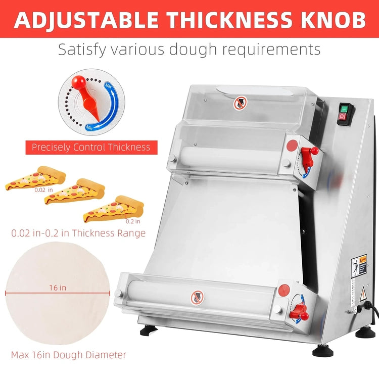 Commercial Pizza Dough Roller Sheeter, Max 16", Automatic 370W Electric Pizza Dough Roller, Stainless Steel, Suitable for Noodle
