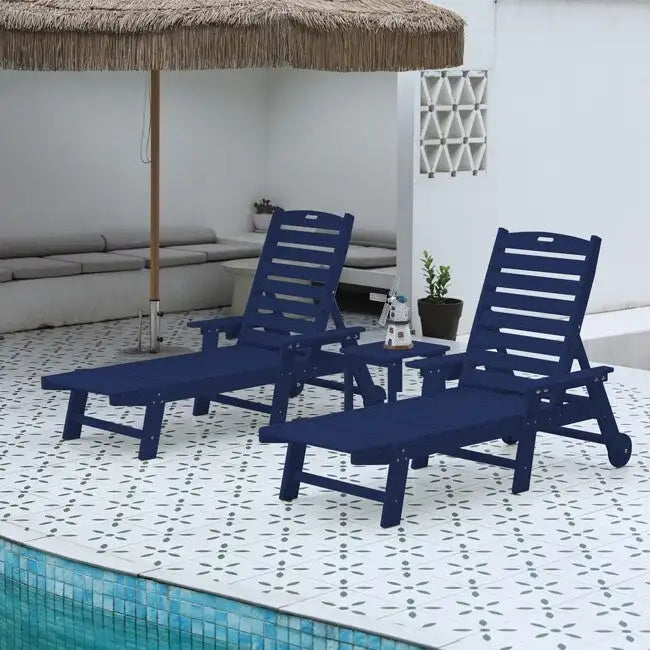 3-Piece Patio Set 2 Oversized Chaise Lounges (5-Position, Wheels, Cup Holder) + Side Table, All-Weather Wood Texture