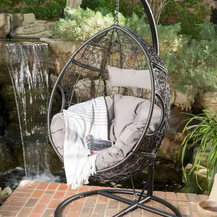 Waterproof Outdoor Wicker Hanging Basket Chair with Cushions, Hammock Seat - 300 Lbs Capacity