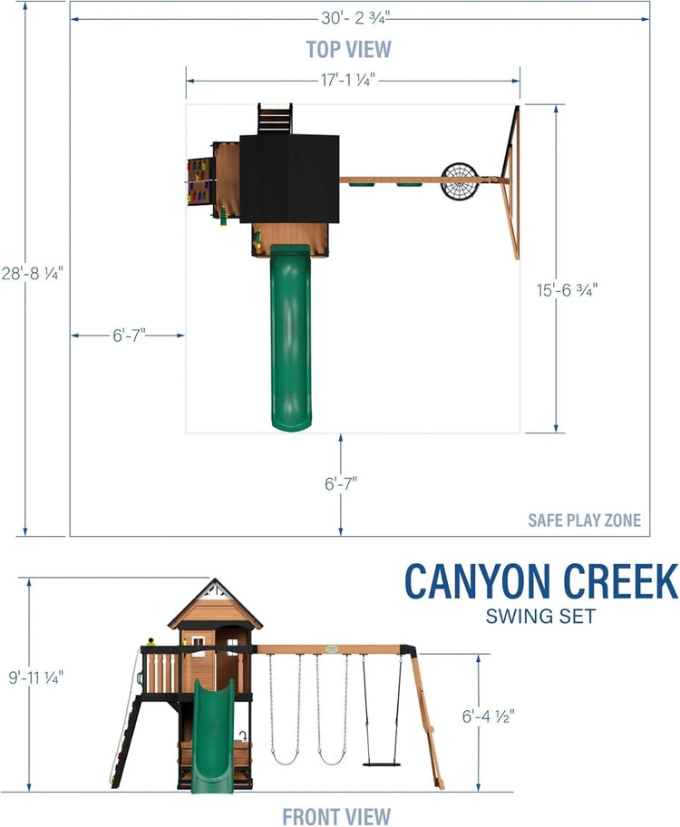 Canyon Creek Cedar Wood Swing Set with Wave Slide, Clubhouse, Play Kitchen, Picnic Area, Belt Swings, Web Swing, Rock Wall, Balconies, Playhouse