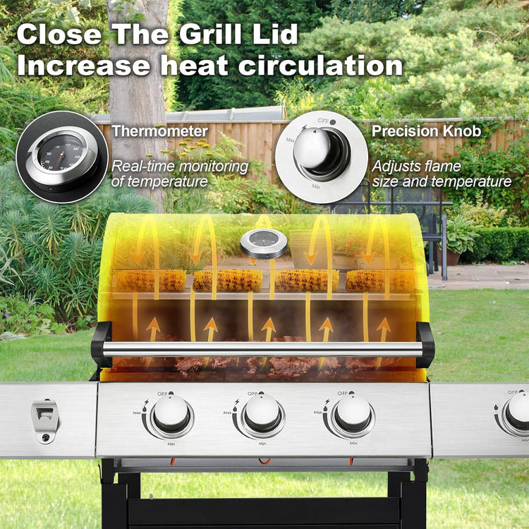 Upgraded 4 Burner BBQ Propane Gas Grill with Cast Iron Grates & Side Stove, 44,000 BTU Stainless Steel Burner Barbecue Grill for Patio, Camping