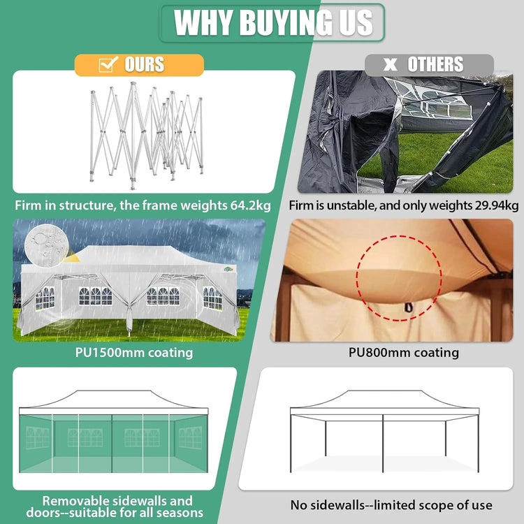 Cobizi 10x20 Heavy Duty Pop up Canopy Tent with 6 Sidewalls Easy up Commercial Outdoor Canopy Wedding Party Tents
