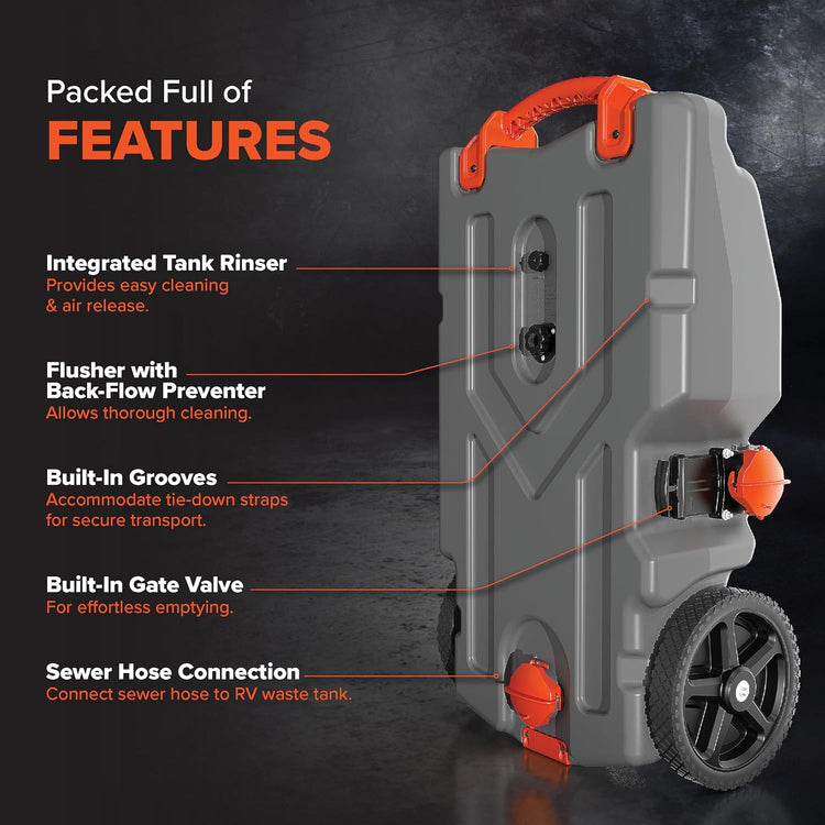 36-Gallon Portable Camper/RV Tote Tank - Features Large Heavy-Duty No-Flat Wheels & Built-in Gate Valve - Removable Steel Tow Adapter